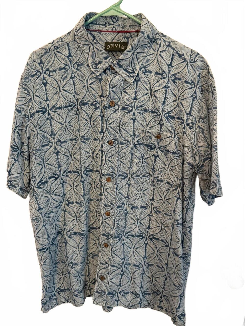 Orvis Men's Short Sleeve Button-Up Shirt Blue Cotton Casual